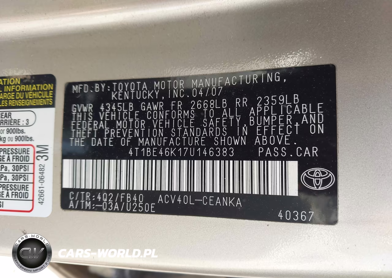 2007 Toyota Camry Le VIN:4T1BE46K17U146383 - 9