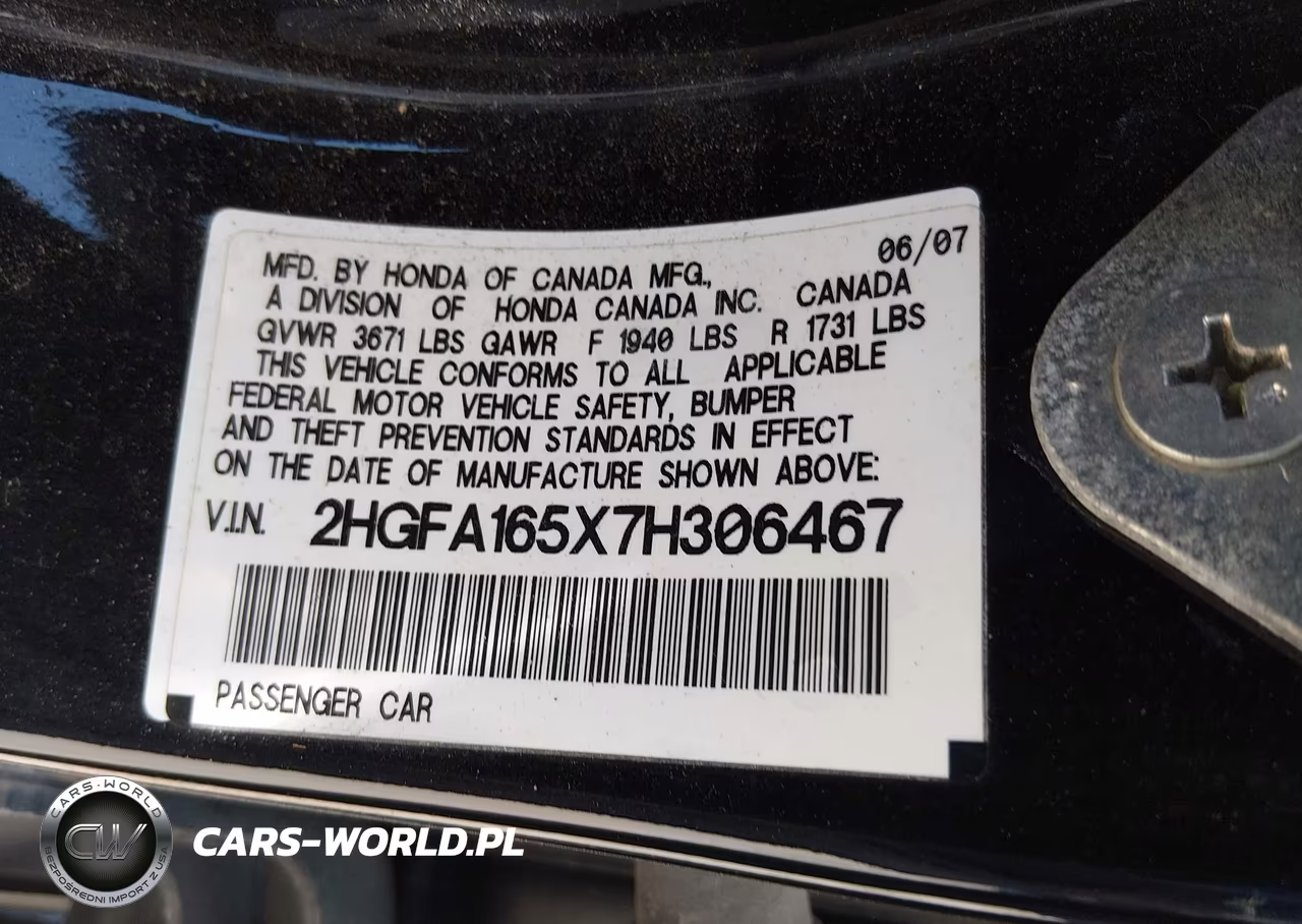 2007 Honda Civic Lx VIN:2HGFA165X7H306467 - 9