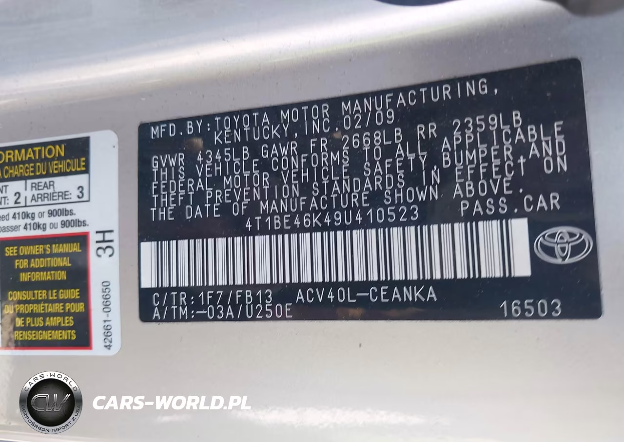2009 Toyota Camry Le VIN:4T1BE46K49U410523 - 9