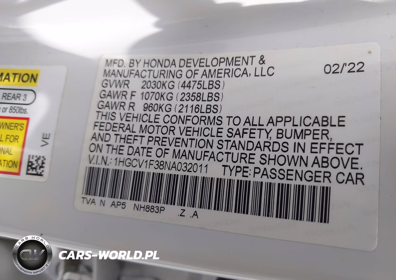 2022 Honda Accord Sport VIN:1HGCV1F38NA032011 - 9