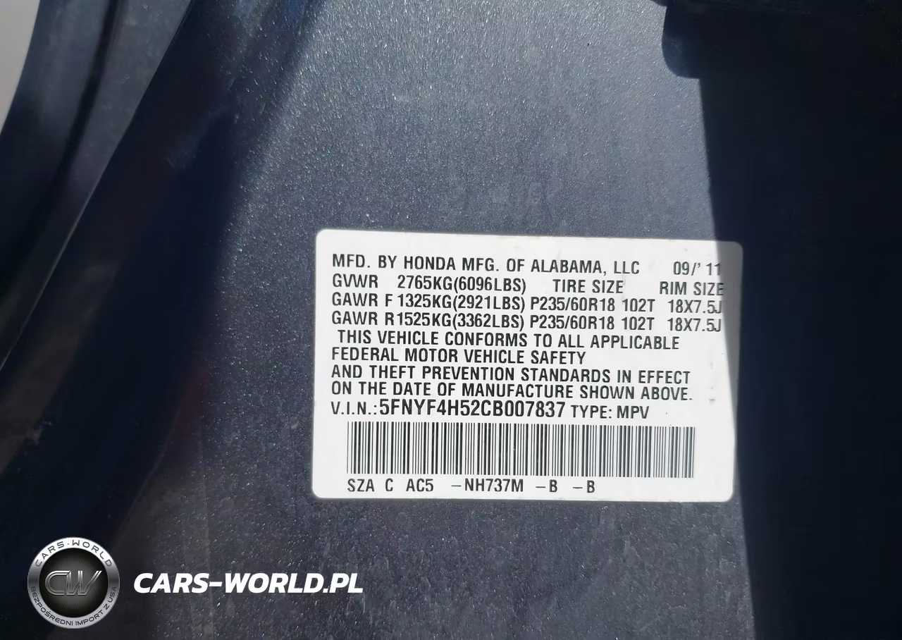 2012 Honda Pilot Ex-L VIN:5FNYF4H52CB007837 - 9