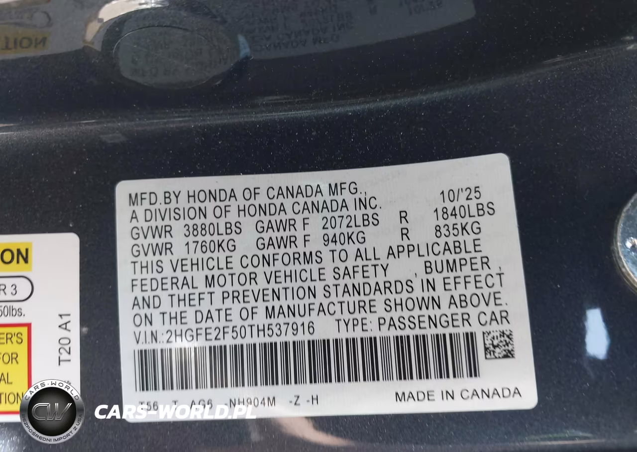2026 Honda Civic Sport VIN:2HGFE2F50TH537916 - 9