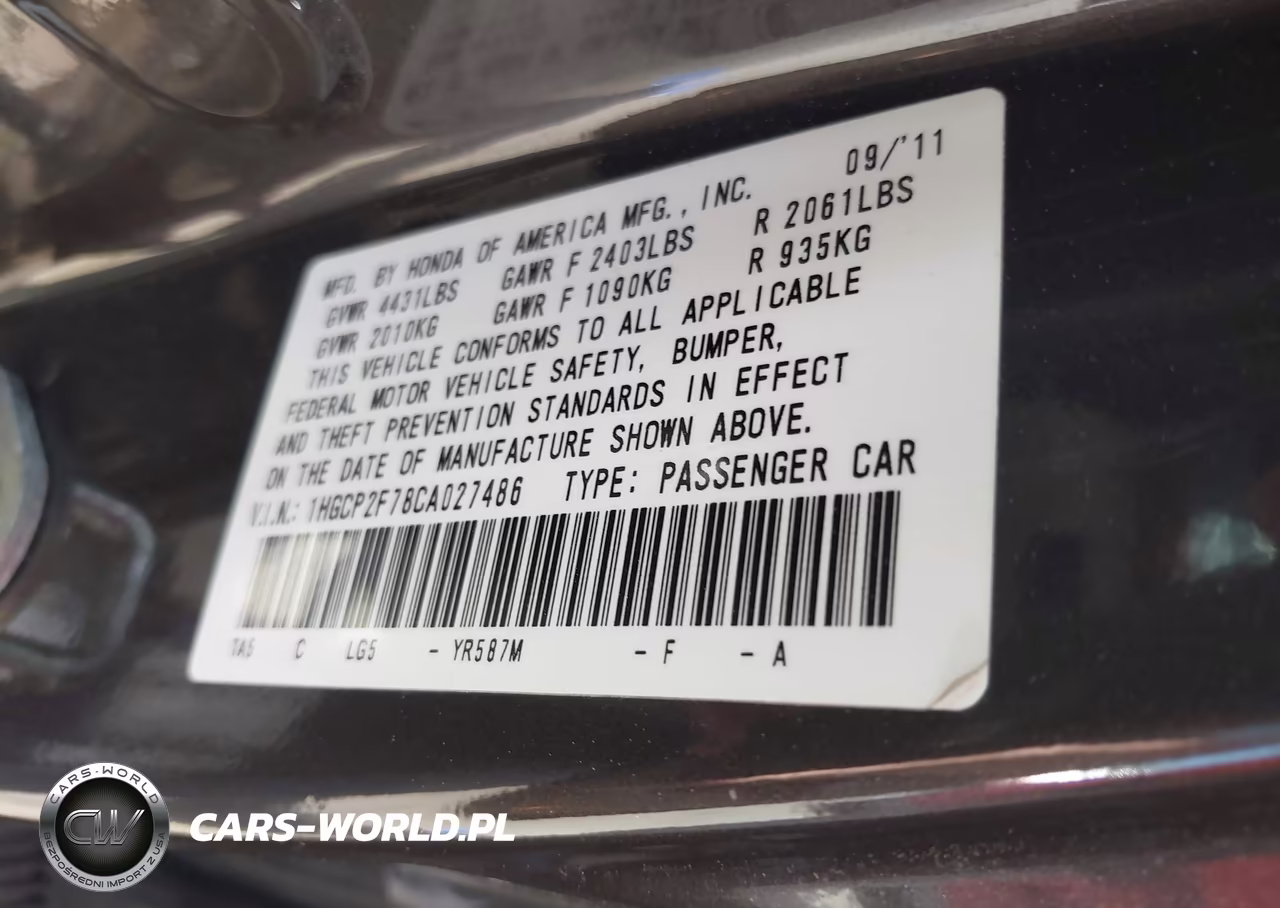 2012 Honda Accord 2.4 Ex VIN:1HGCP2F78CA027486 - 9