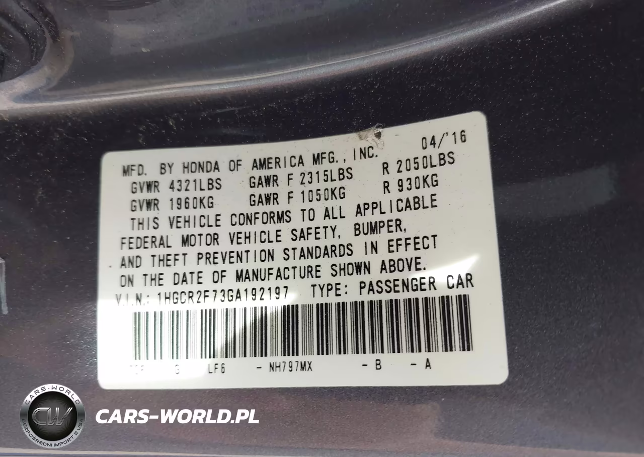 2016 Honda Accord Ex VIN:1HGCR2F73GA192197 - 9