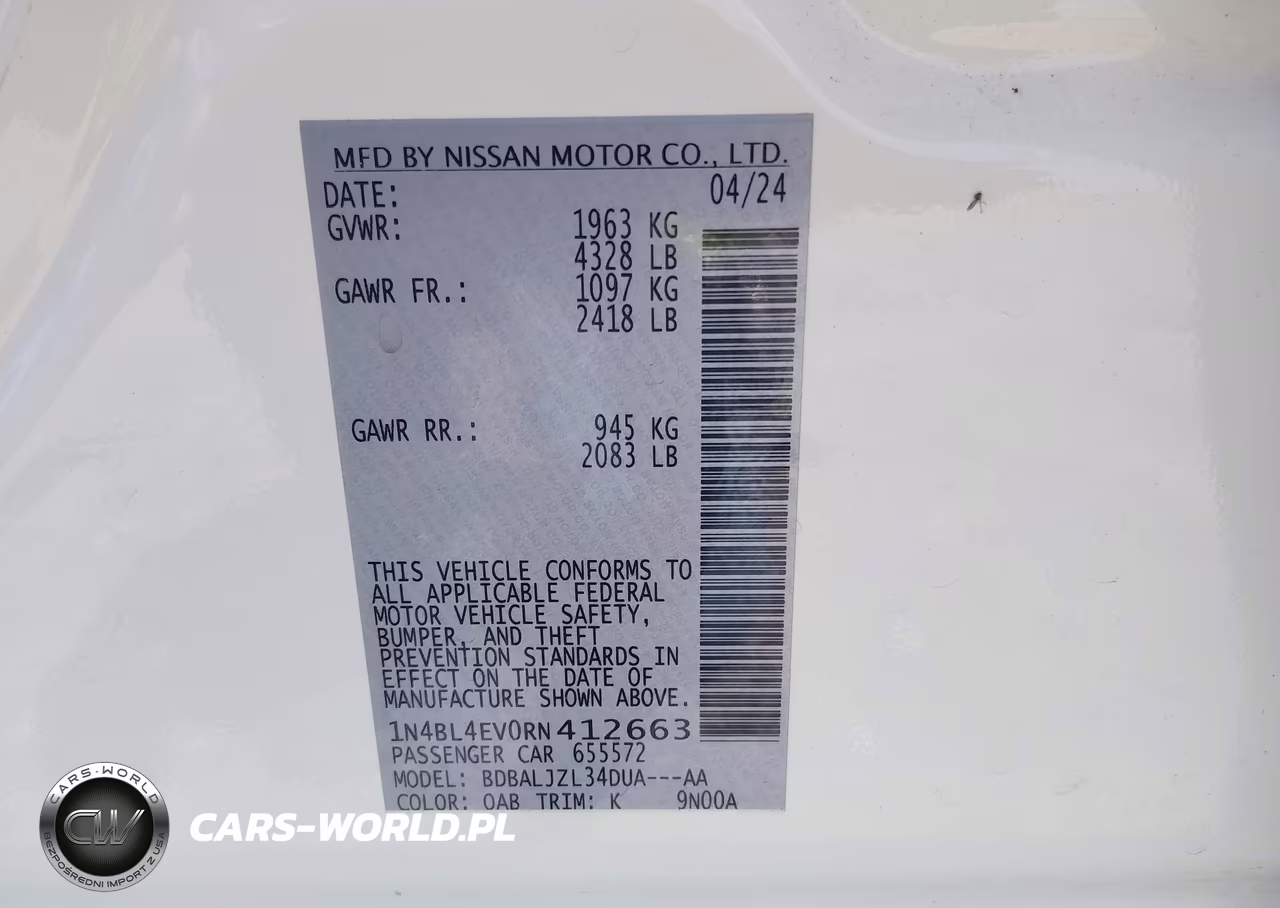2024 Nissan Altima Sl Fwd VIN:1N4BL4EV0RN412663 - 9