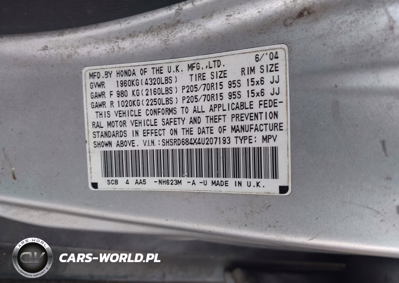 2004 Honda Cr-V Lx VIN:SHSRD684X4U207193 - 9