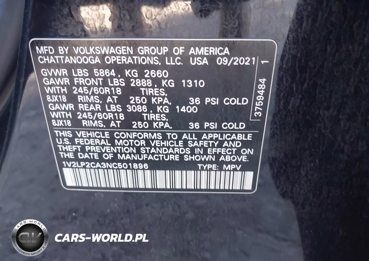 2022 Volkswagen Atlas 2.0T Se VIN:1V2LP2CA3NC501896 - 9