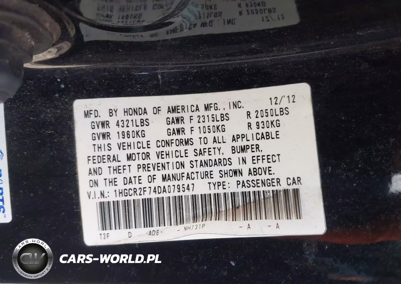 2013 Honda Accord Ex VIN:1HGCR2F74DA079547 - 9