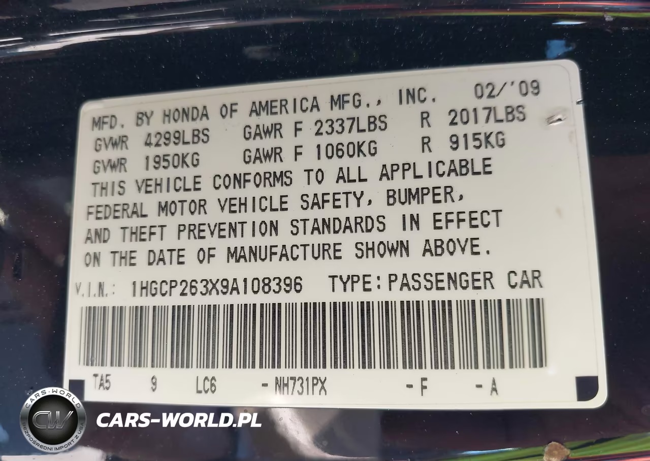 2009 Honda Accord 2.4 Lx VIN:1HGCP263X9A108396 - 9