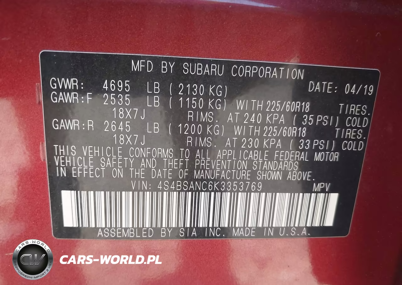 2019 Subaru Outback 2.5I Limited VIN:4S4BSANC6K3353769 - 9