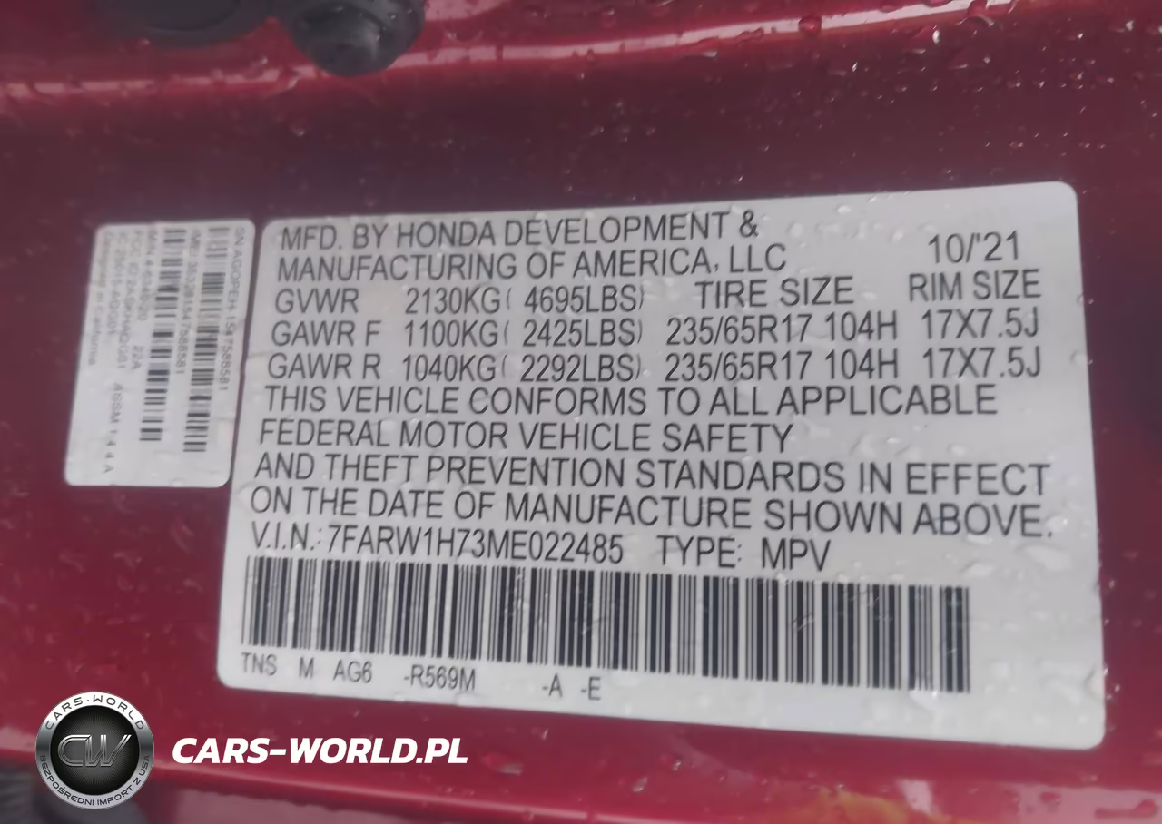 2021 Honda Cr-V 2Wd Special Edition VIN:7FARW1H73ME022485 - 9