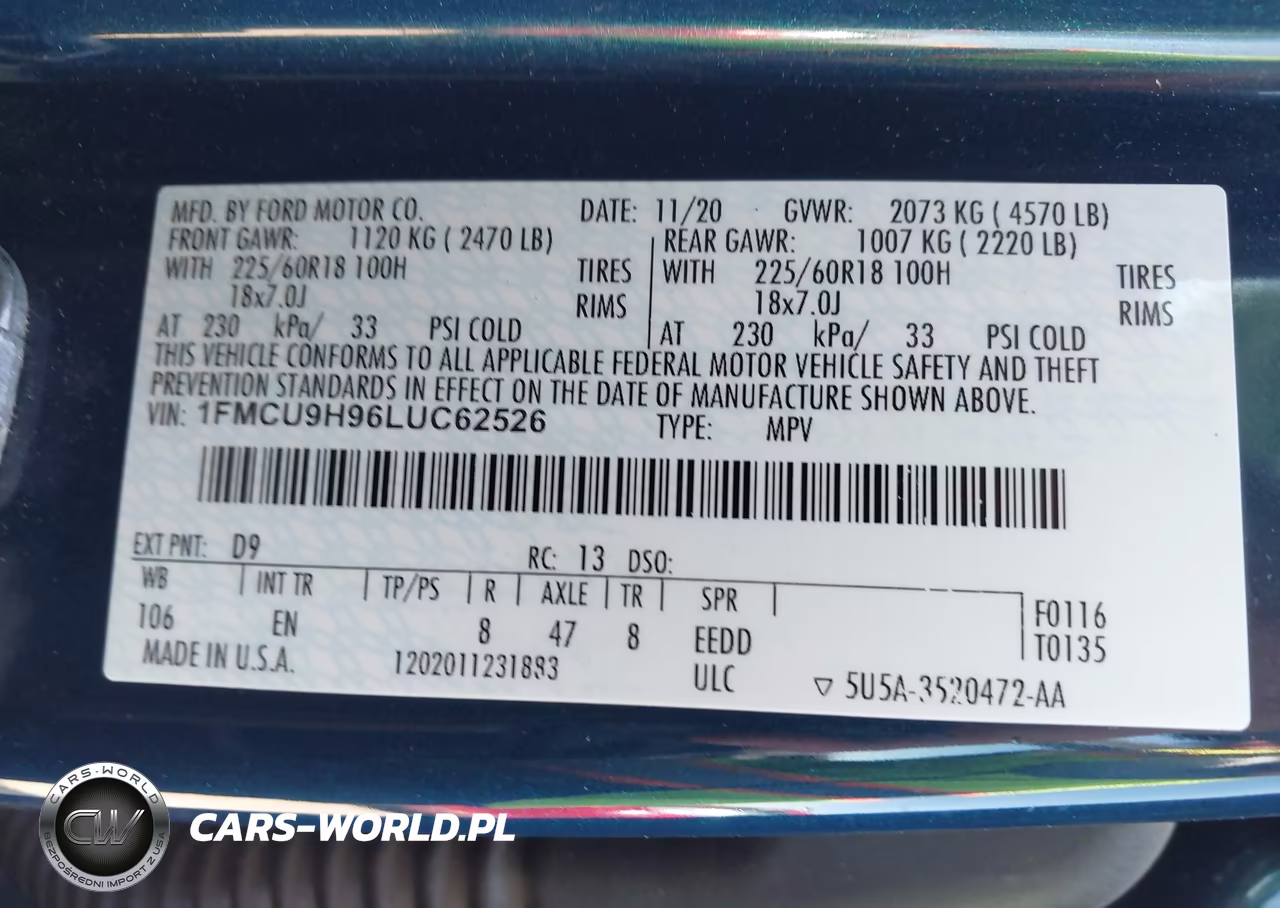2020 Ford Escape Sel VIN:1FMCU9H96LUC62526 - 9