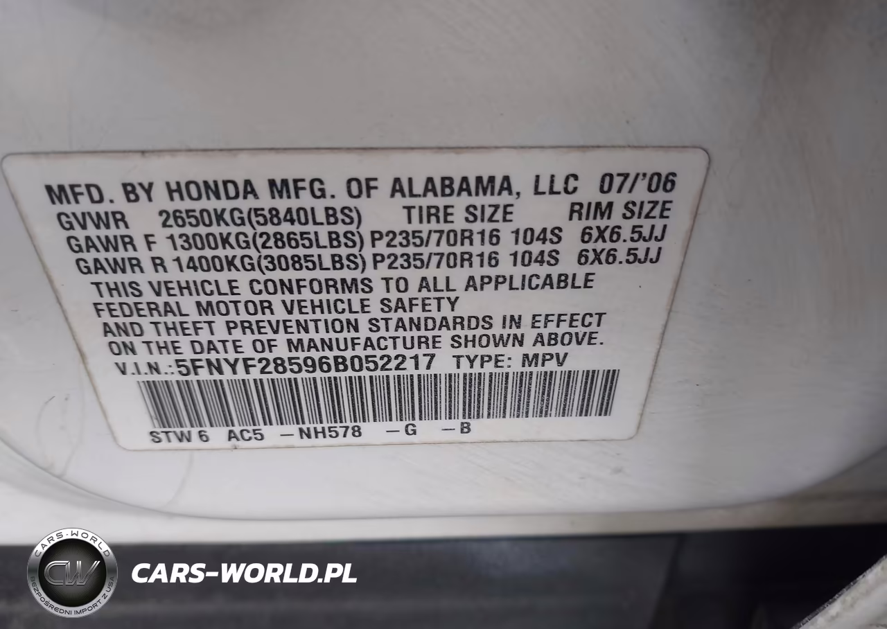 2006 Honda Pilot Ex-L VIN:5FNYF28596B052217 - 9