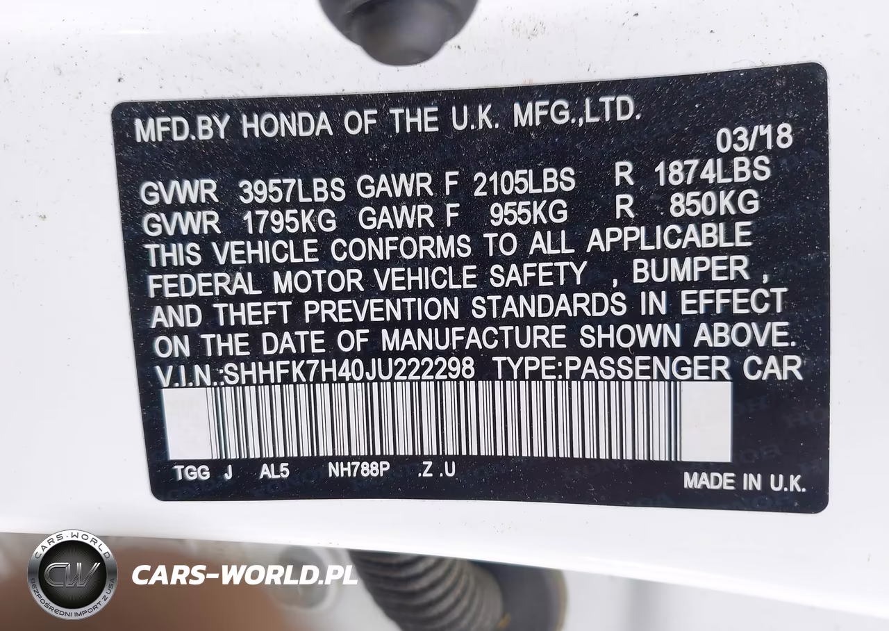 2018 Honda Civic Sport VIN:SHHFK7H40JU222298 - 9