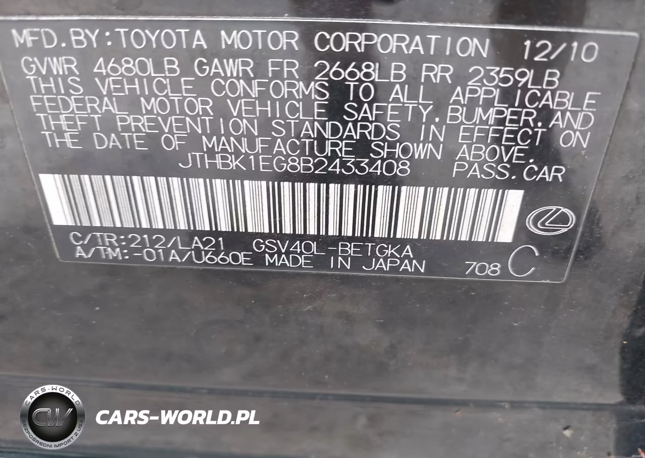 2011 Lexus Es 350 VIN:JTHBK1EG8B2433408 - 9