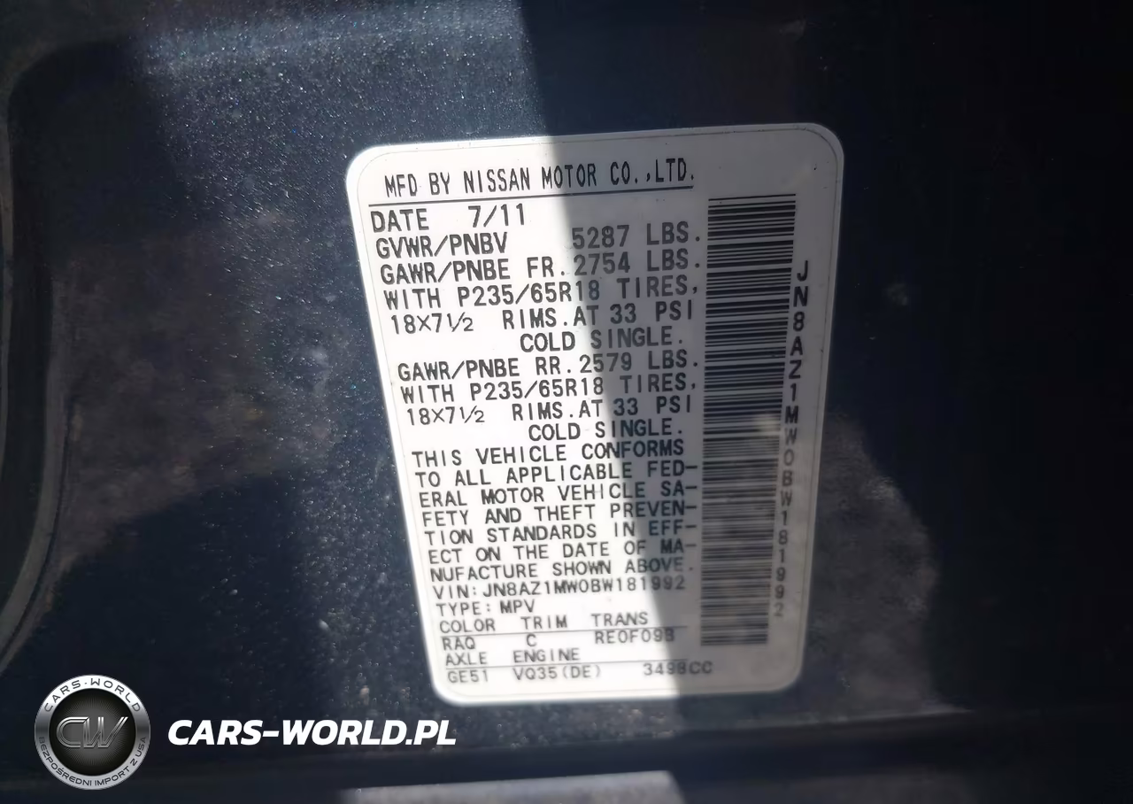 2011 Nissan Murano Sv VIN:JN8AZ1MW0BW181992 - 9