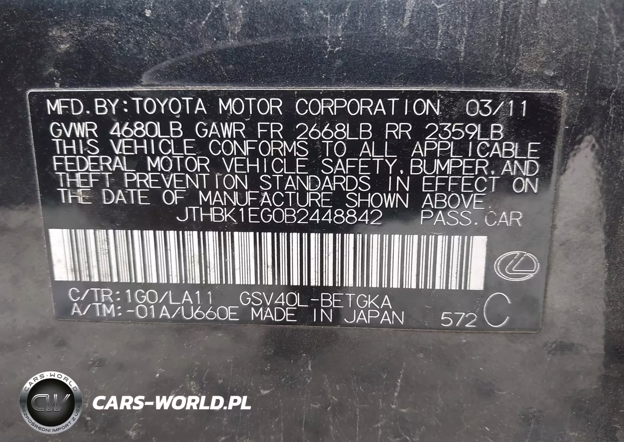2011 Lexus Es 350 VIN:JTHBK1EG0B2448842 - 9