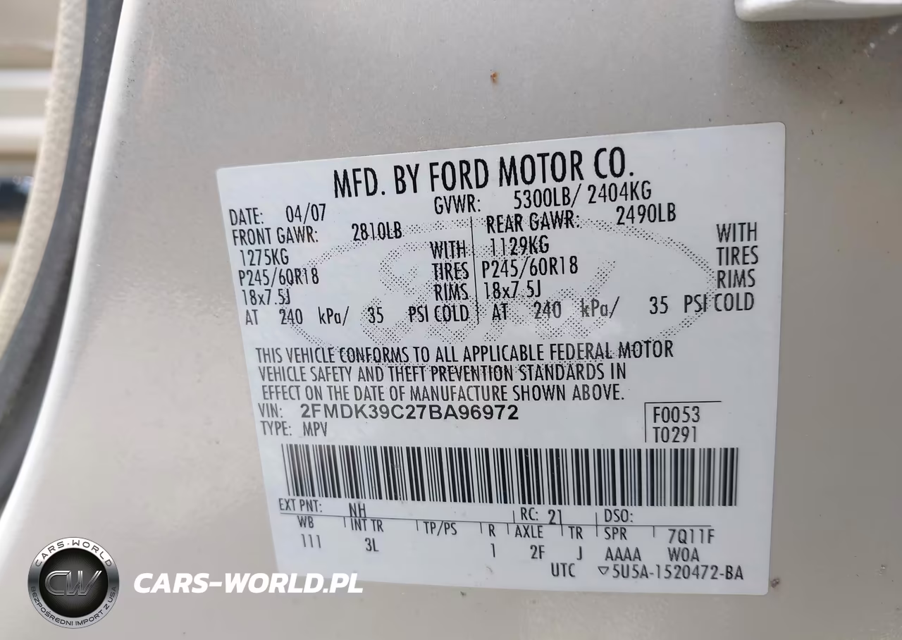 2007 Ford Edge Sel Plus VIN:2FMDK39C27BA96972 - 9