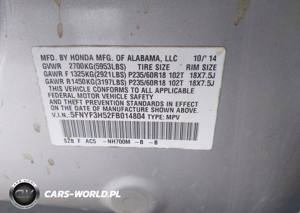 2015 Honda Pilot Ex-L VIN:5FNYF3H52FB014804 - 9