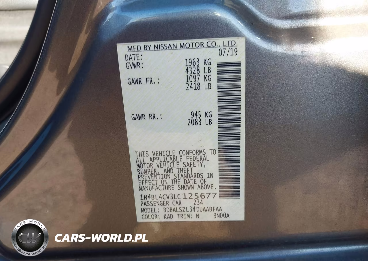 2020 Nissan Altima Sr Fwd VIN:1N4BL4CV3LC125677 - 9