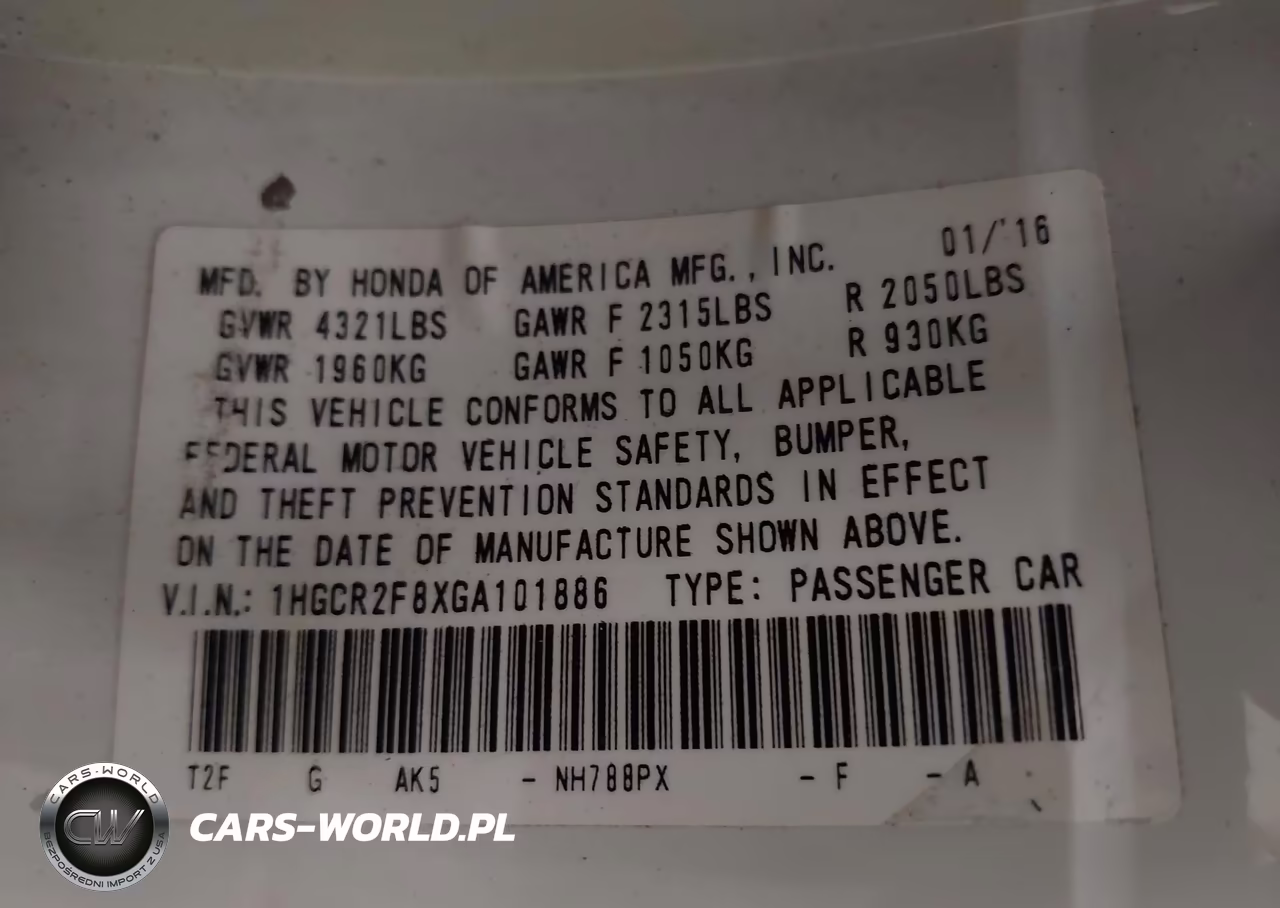 2016 Honda Accord Ex-L VIN:1HGCR2F8XGA101886 - 9