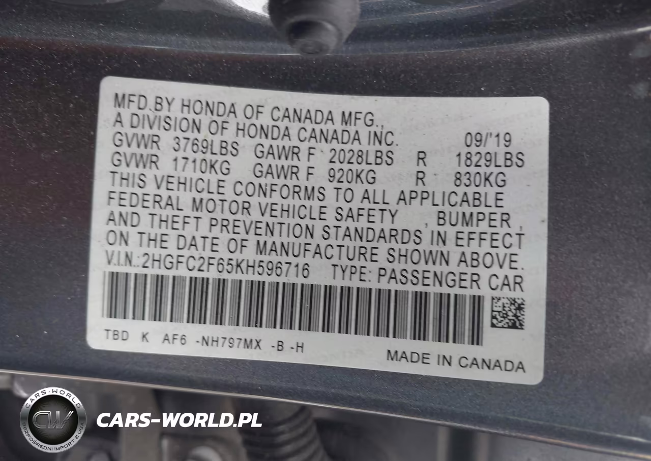 2019 Honda Civic Lx VIN:2HGFC2F65KH596716 - 9