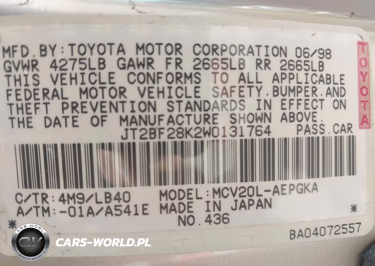 1998 Toyota Camry Xle V6 VIN:JT2BF28K2W0131764 - 9