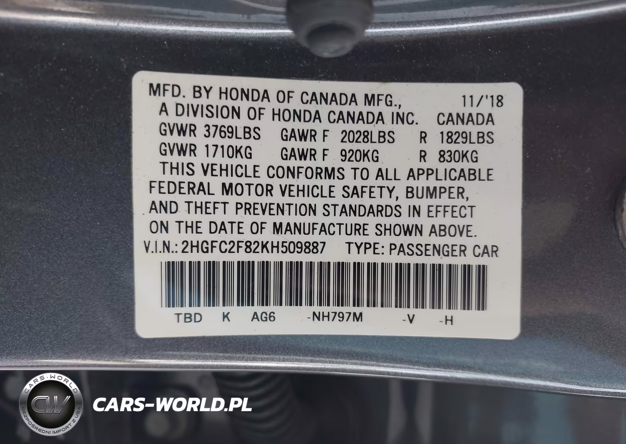 2019 Honda Civic Sport VIN:2HGFC2F82KH509887 - 9