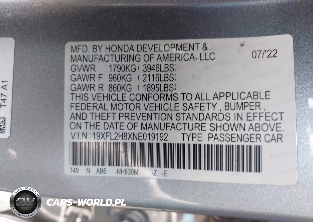 2022 Honda Civic Sport VIN:19XFL2H8XNE019192 - 9