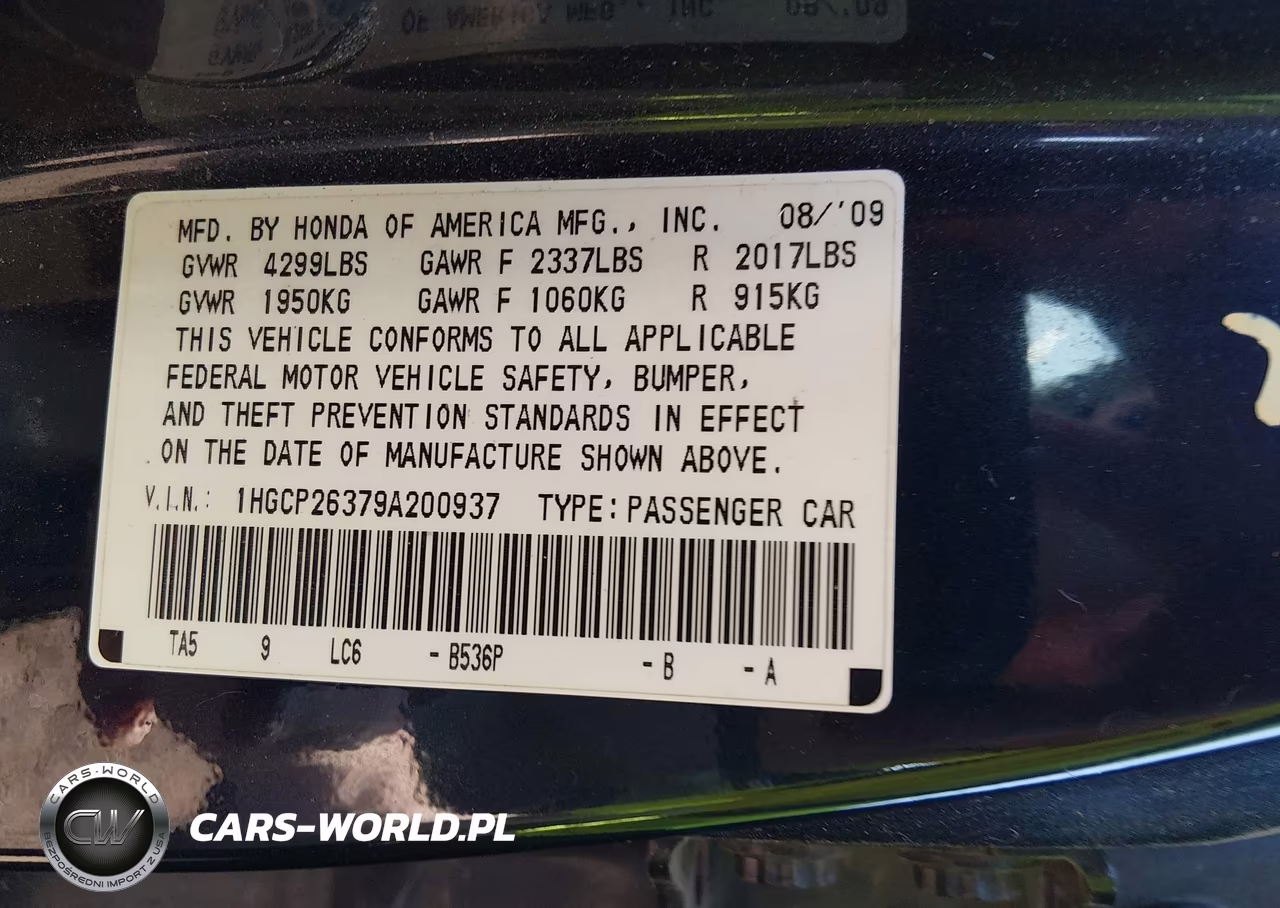 2009 Honda Accord 2.4 Lx VIN:1HGCP26379A200937 - 9