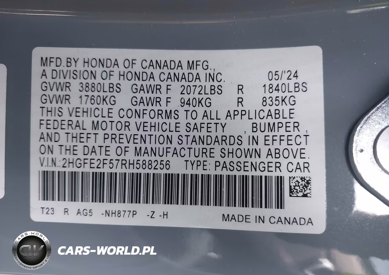 2024 Honda Civic Sport VIN:2HGFE2F57RH588256 - 9