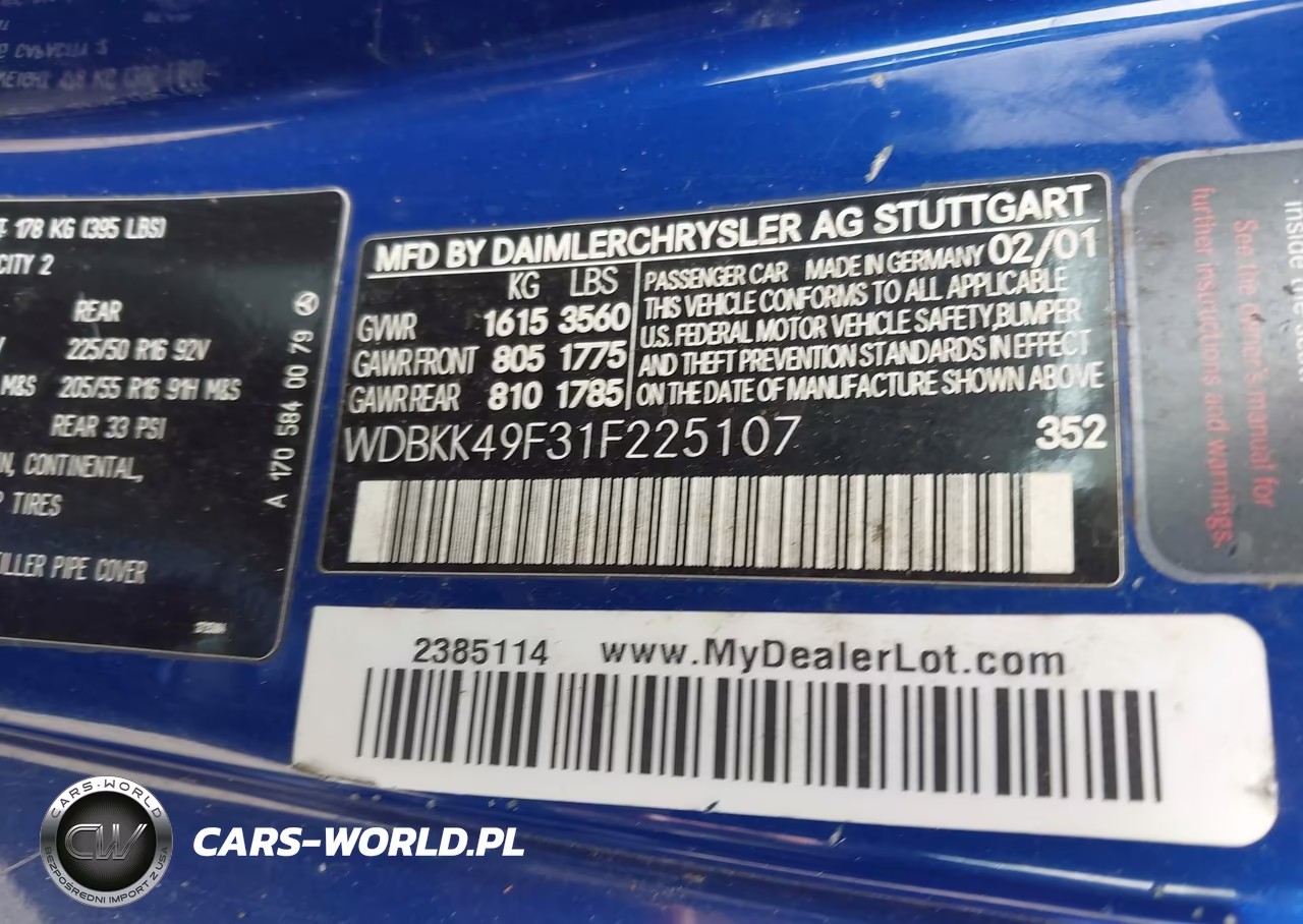 2001 Mercedes-Benz Slk 230 Kompressor VIN:WDBKK49F31F225107 - 9