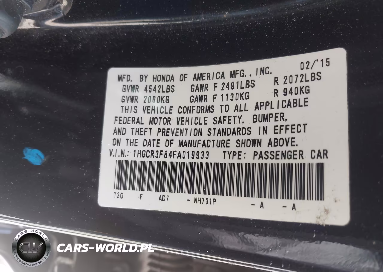 2015 Honda Accord Ex-L V-6 VIN:1HGCR3F84FA019933 - 9