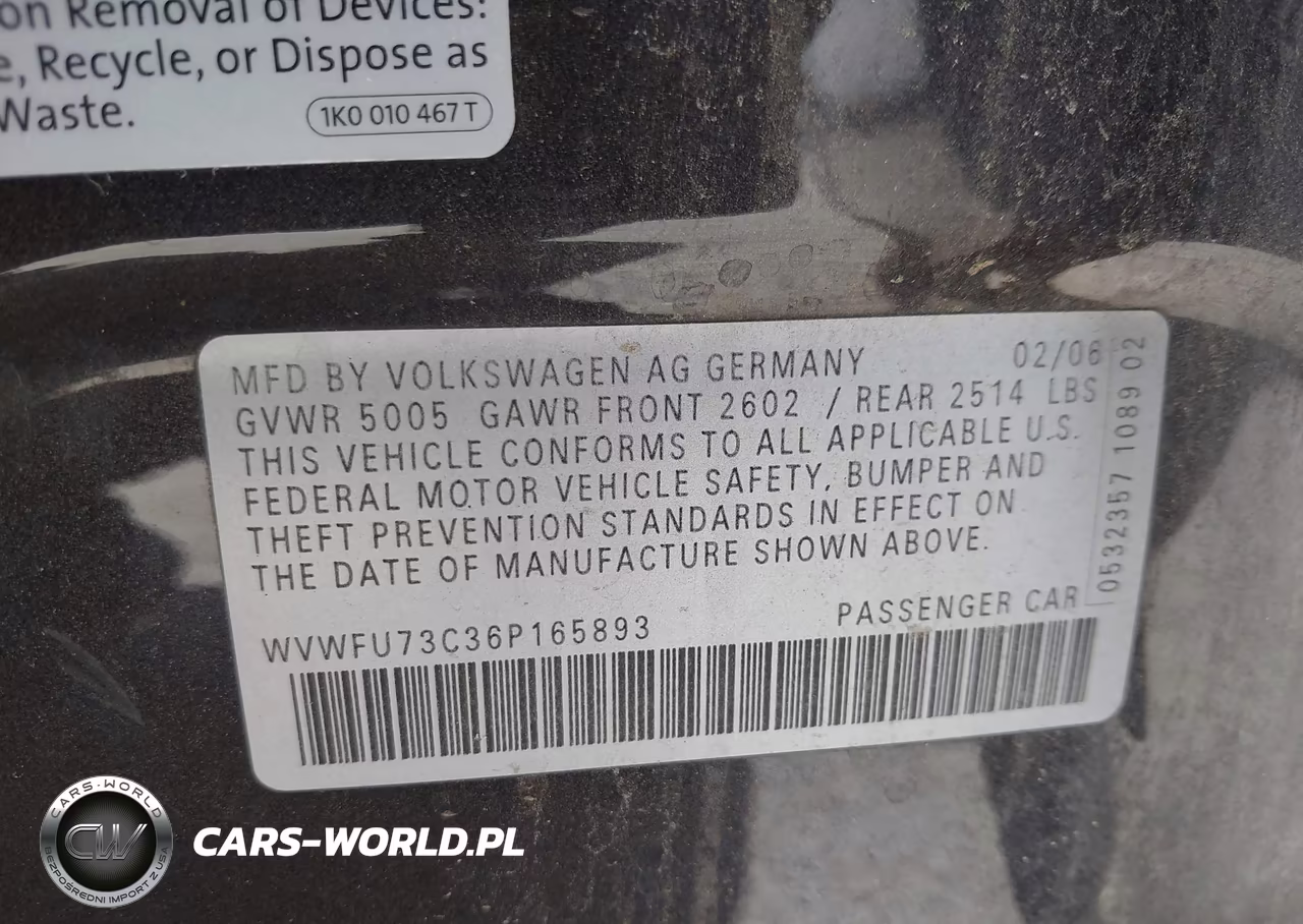 2006 Volkswagen Passat 3.6 VIN:WVWFU73C36P165893 - 9