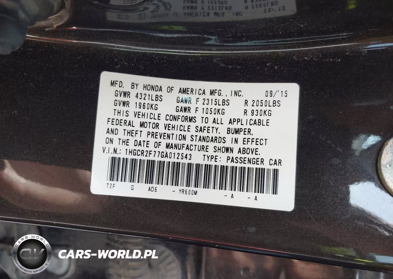 2016 Honda Accord Ex VIN:1HGCR2F77GA012543 - 9