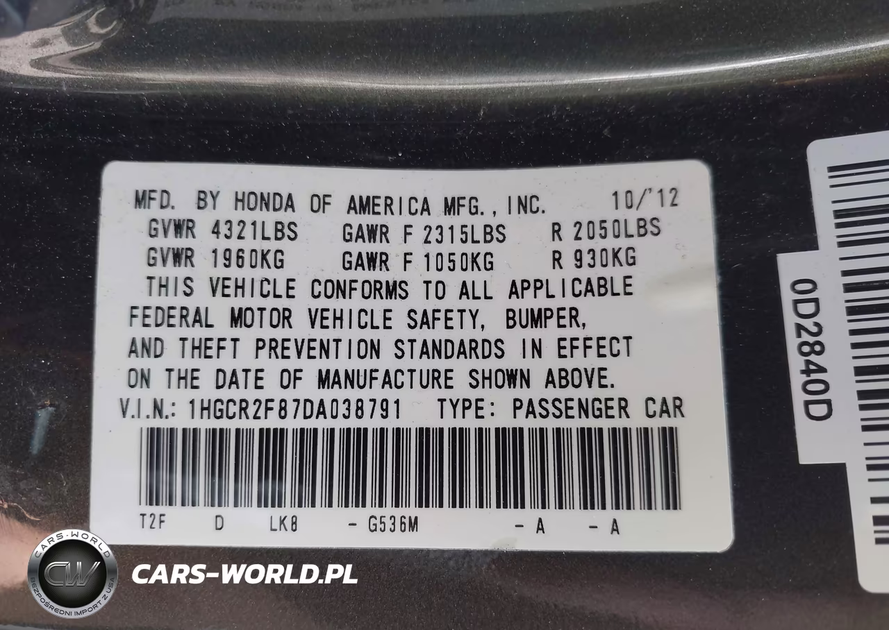 2013 Honda Accord Ex-L VIN:1HGCR2F87DA038791 - 9
