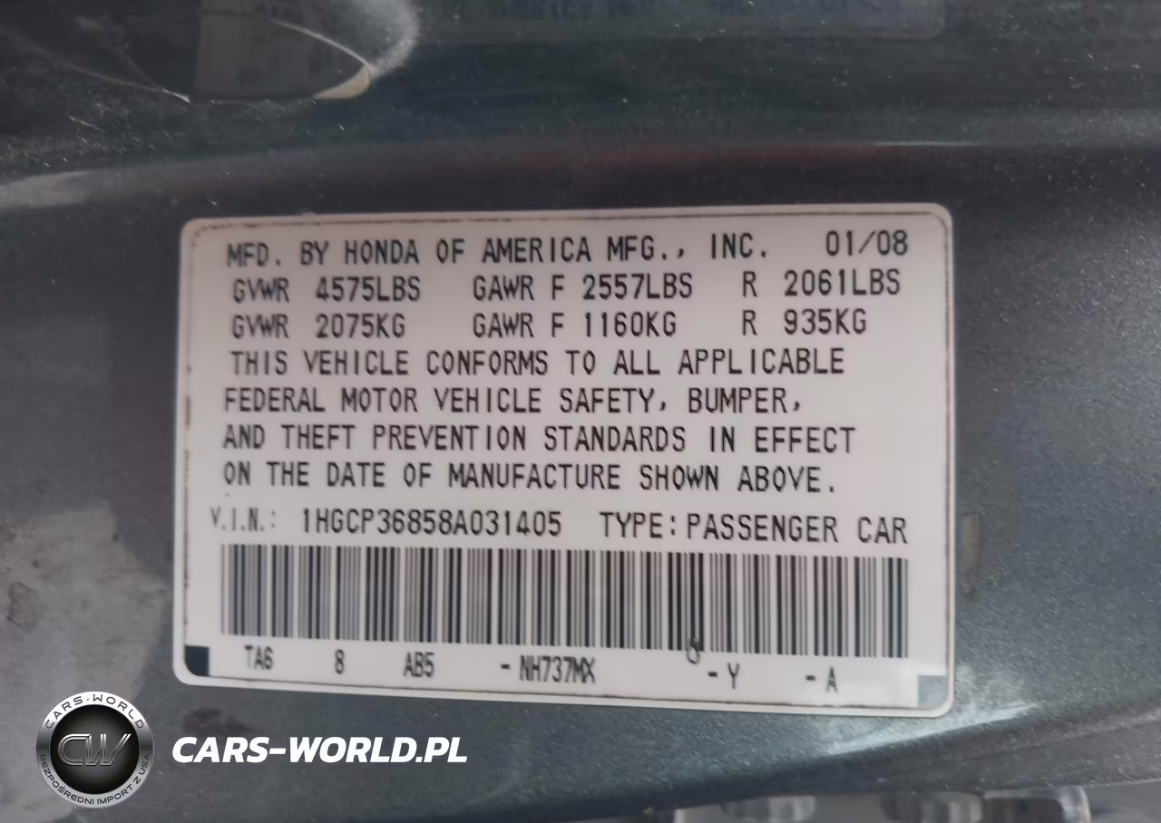 2008 Honda Accord 3.5 Ex-L VIN:1HGCP36858A031405 - 8