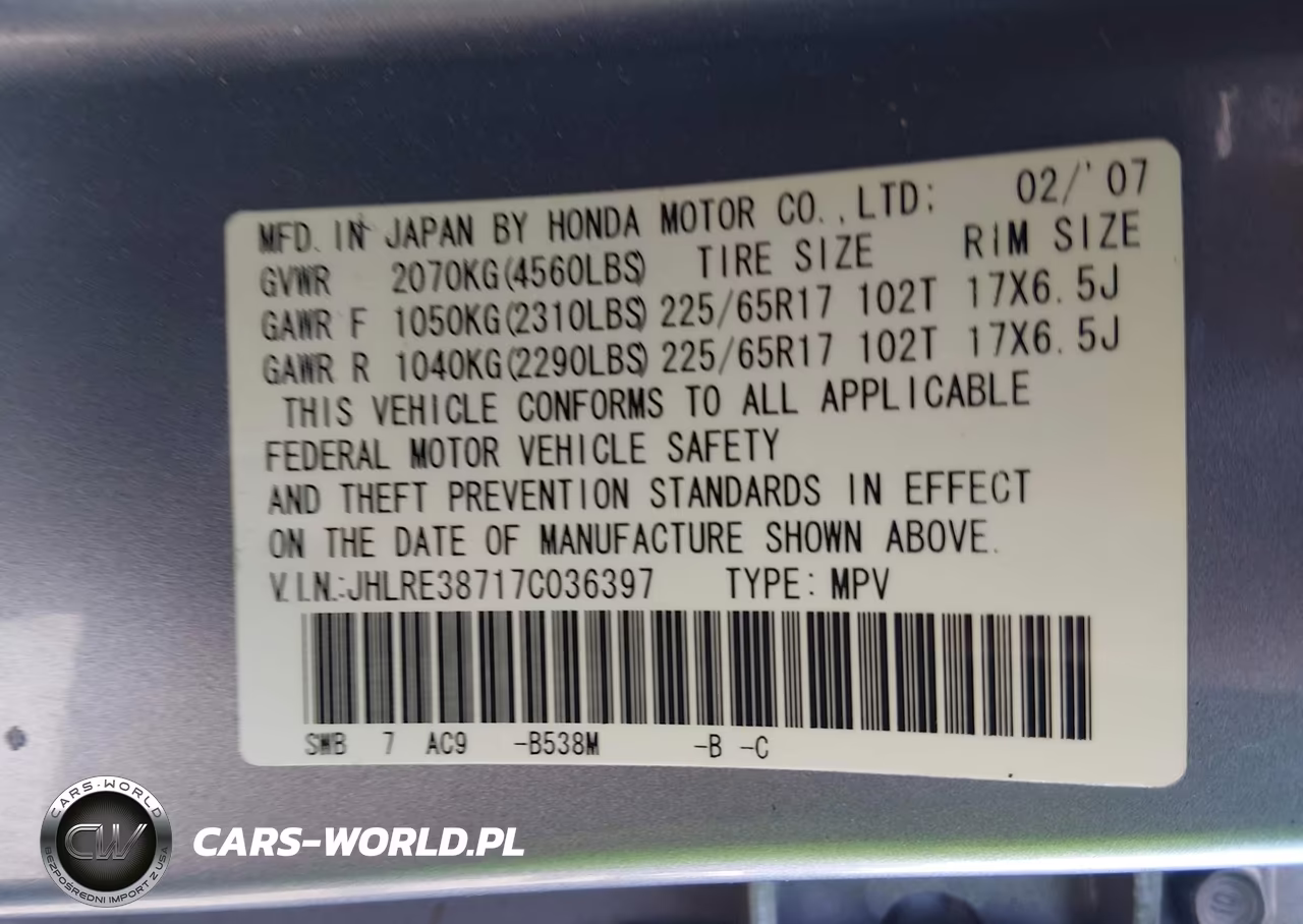 2007 Honda Cr-V Ex-L VIN:JHLRE38717C036397 - 9
