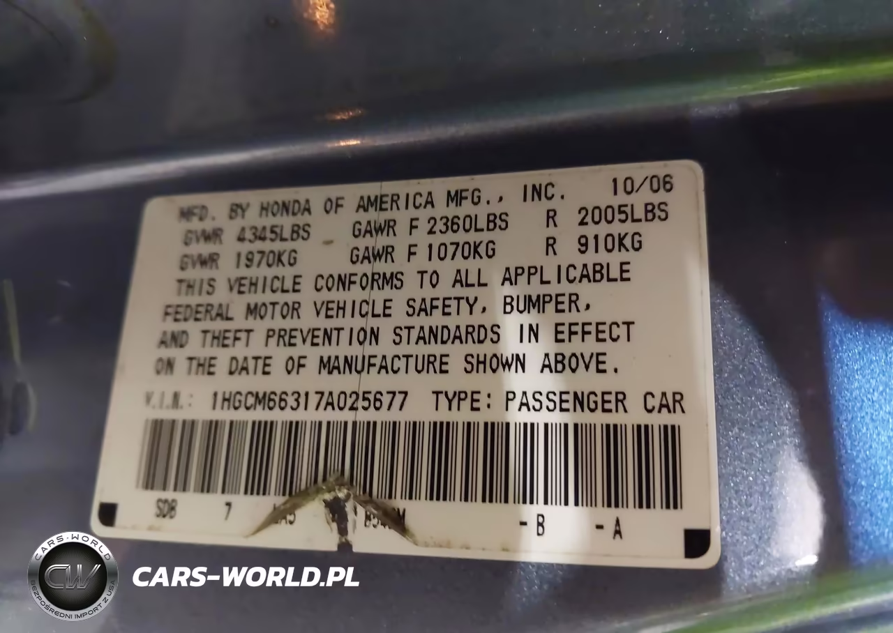 2007 Honda Accord 3.0 Lx VIN:1HGCM66317A025677 - 9
