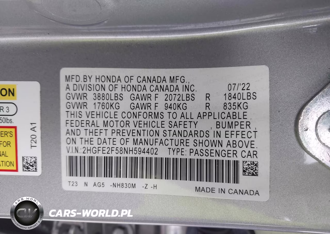 2022 Honda Civic Sport VIN:2HGFE2F58NH594402 - 9