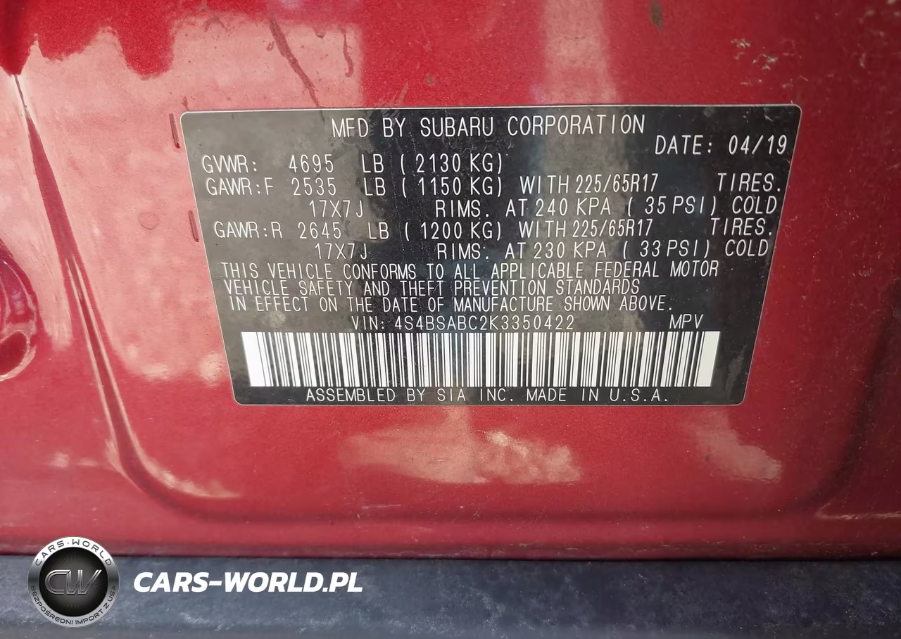 2019 Subaru Outback 2.5I VIN:4S4BSABC2K3350422 - 9
