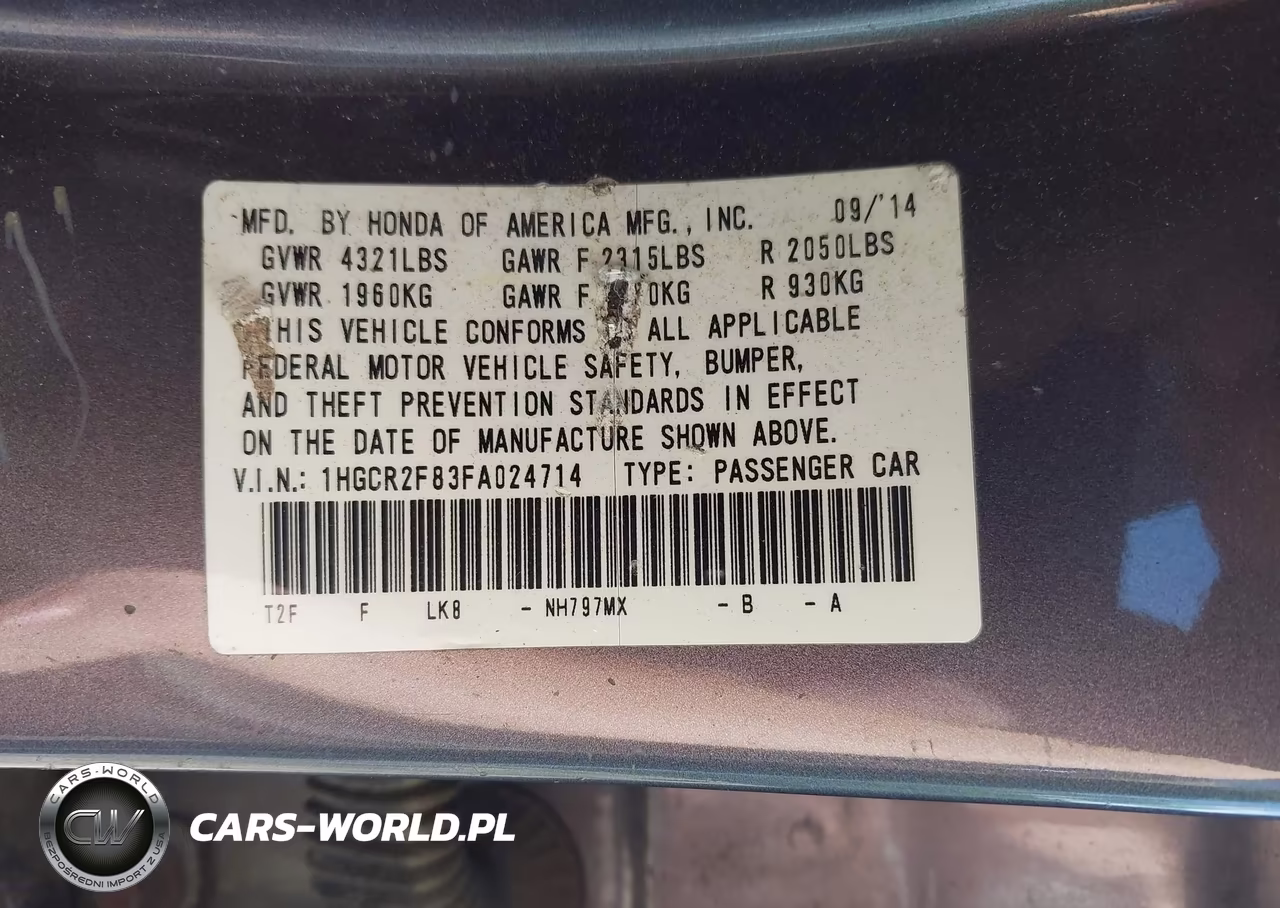 2015 Honda Accord Ex-L VIN:1HGCR2F83FA024714 - 9