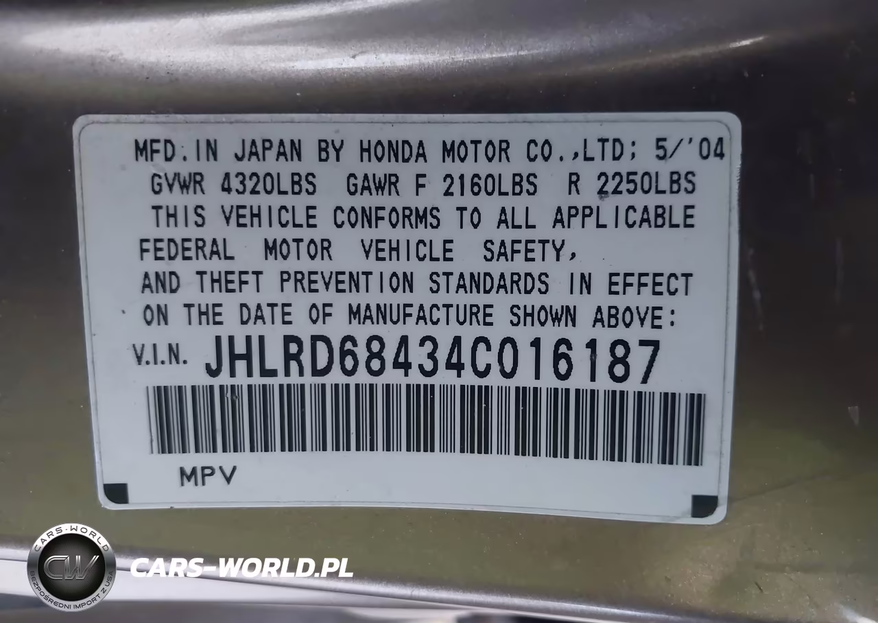 2004 Honda Cr-V Lx VIN:JHLRD68434C016187 - 9