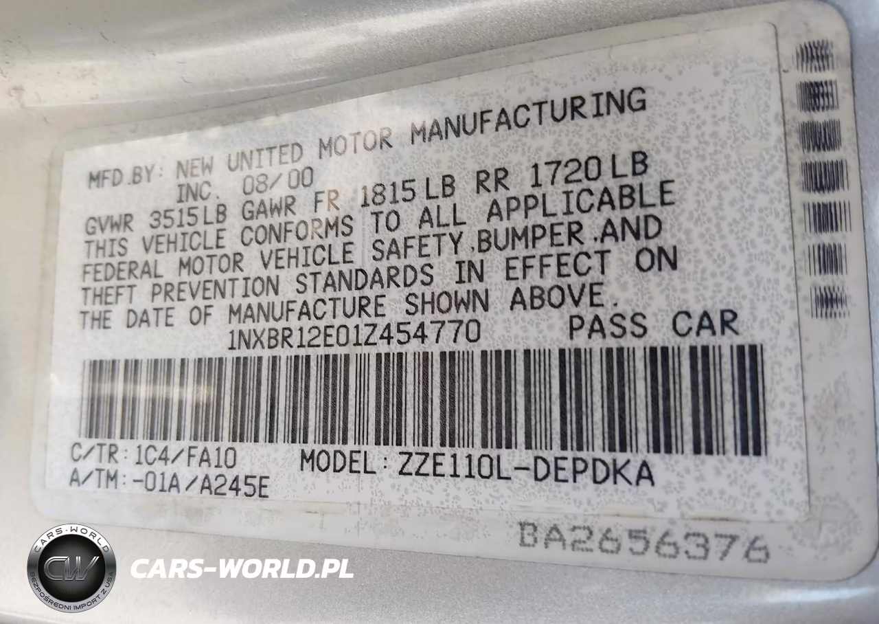 2001 Toyota Corolla VIN:1NXBR12E01Z454770 - 9