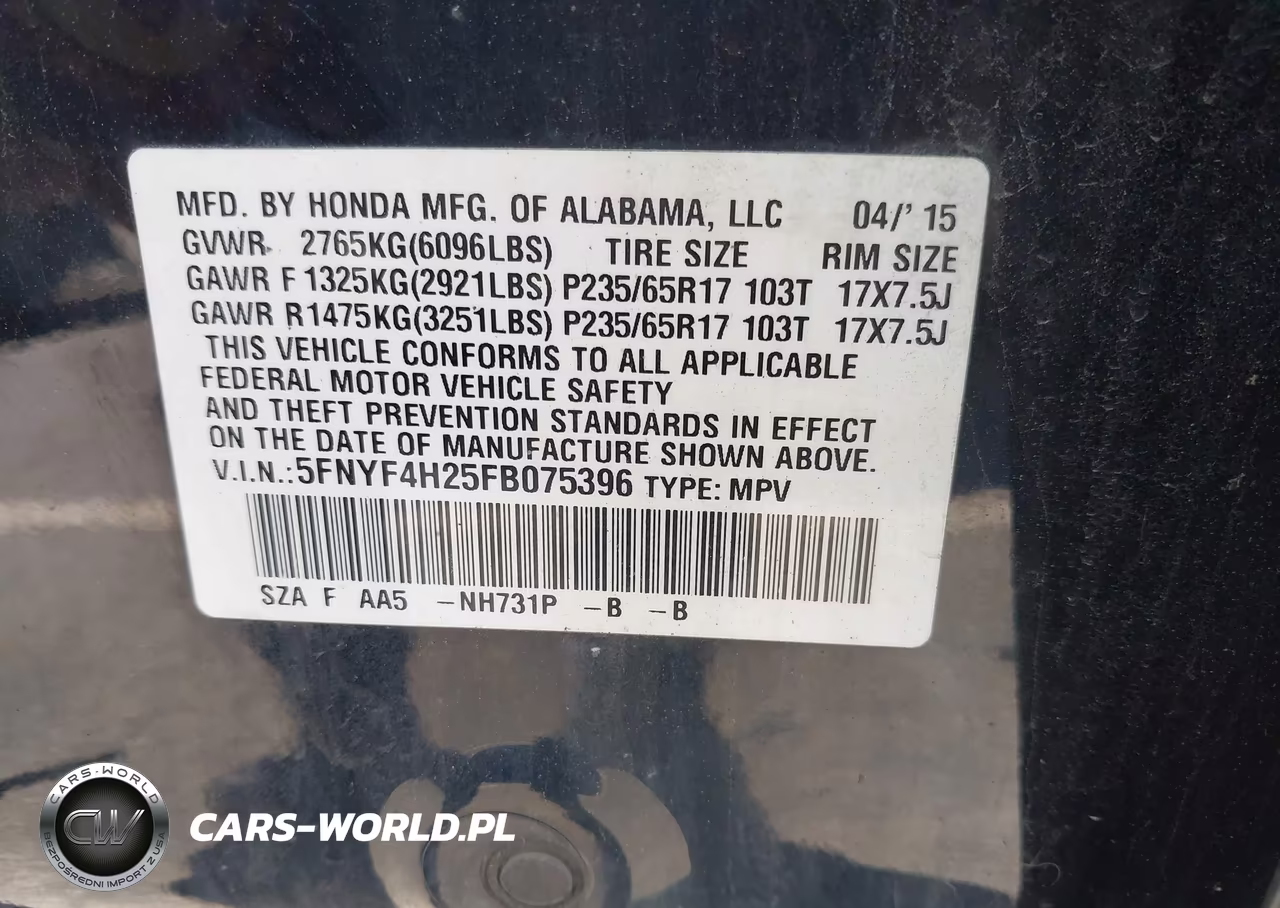 2015 Honda Pilot Lx VIN:5FNYF4H25FB075396 - 9