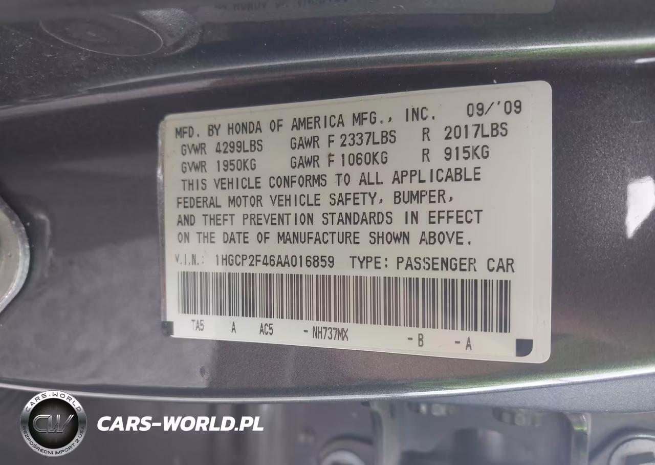 2010 Honda Accord 2.4 Lx-P VIN:1HGCP2F46AA016859 - 9