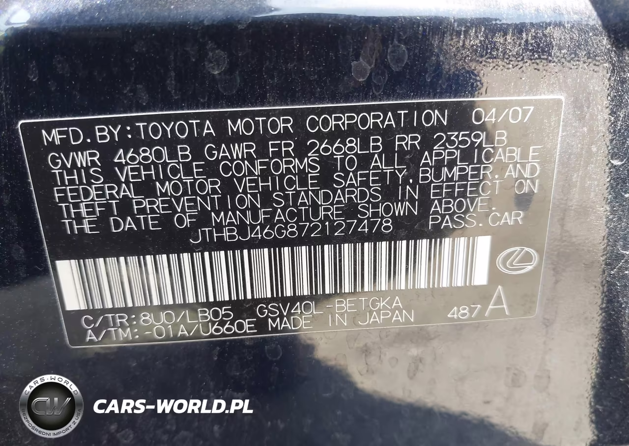 2007 Lexus Es 350 VIN:JTHBJ46G872127478 - 9