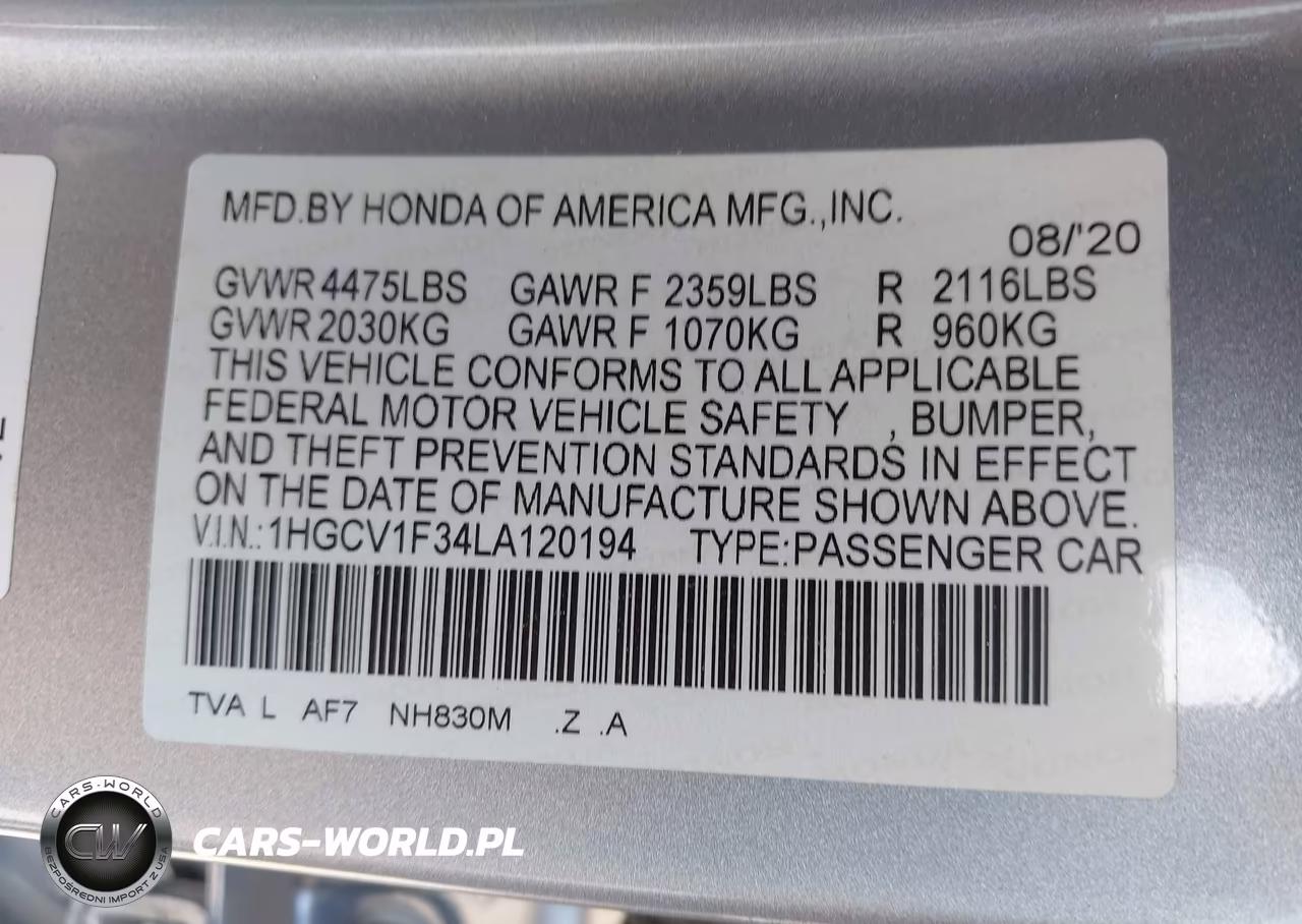 2020 Honda Accord Sport VIN:1HGCV1F34LA120194 - 9