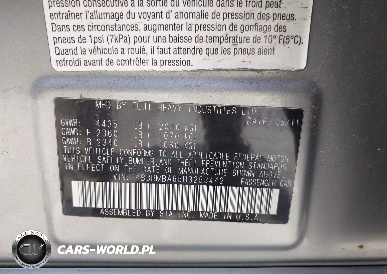 2011 Subaru Legacy 2.5I VIN:4S3BMBA65B3253442 - 9