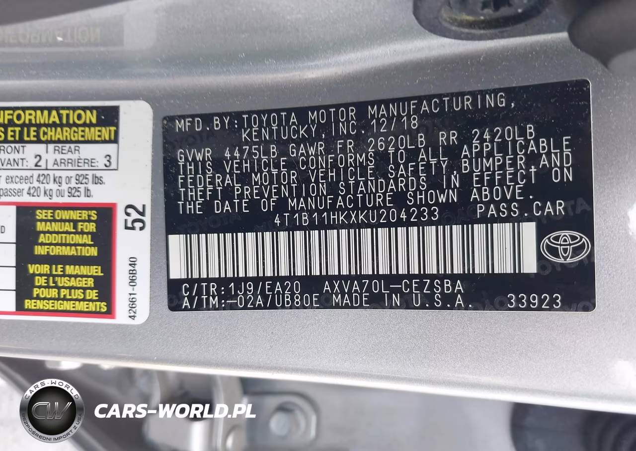 2019 Toyota Camry Se VIN:4T1B11HKXKU204233 - 9